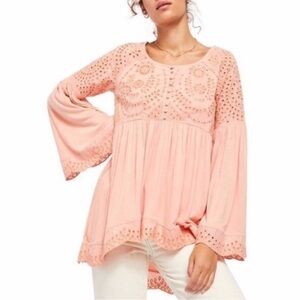 Free People Peach Eyelet Bell Sleeve Boho Blouse